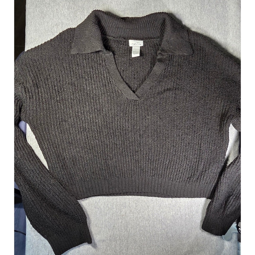Rue21 Womens Cropped Knit Polo Sweater Charcoal Gray V-Neck Long Sleeve Large